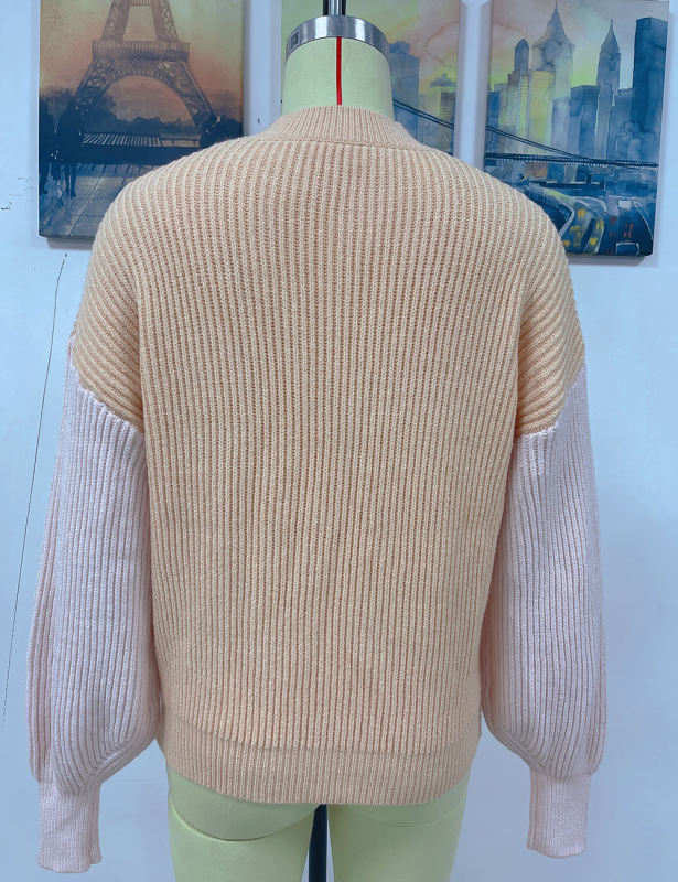 Pink Contrast Round Neck Loose Knit Sweater