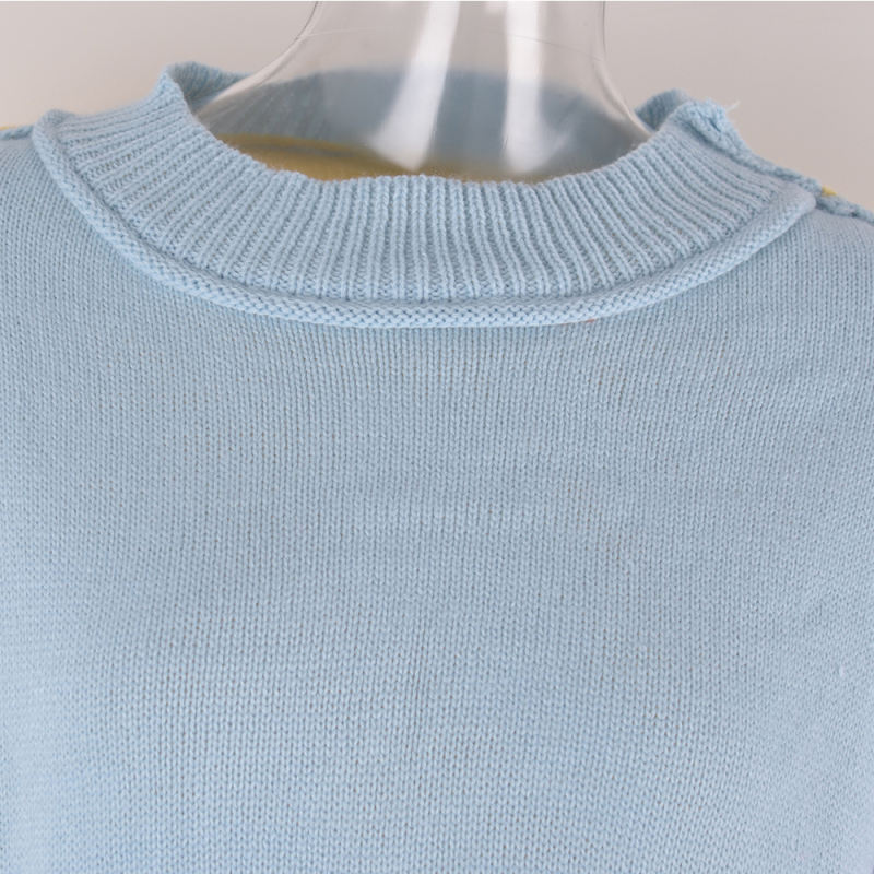 Blue Colorblock Round Neck Knit Sweater