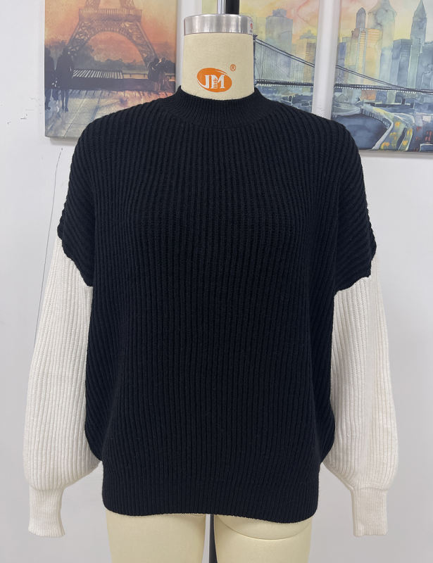 Black Contrast Round Neck Loose Knit Sweater