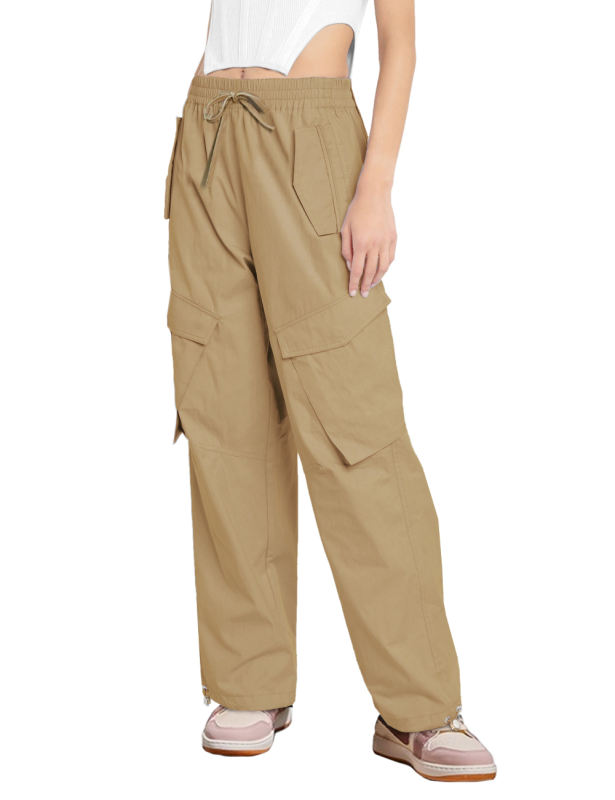 Khaki Multi-pocket Elastic Waist Cargo Pants