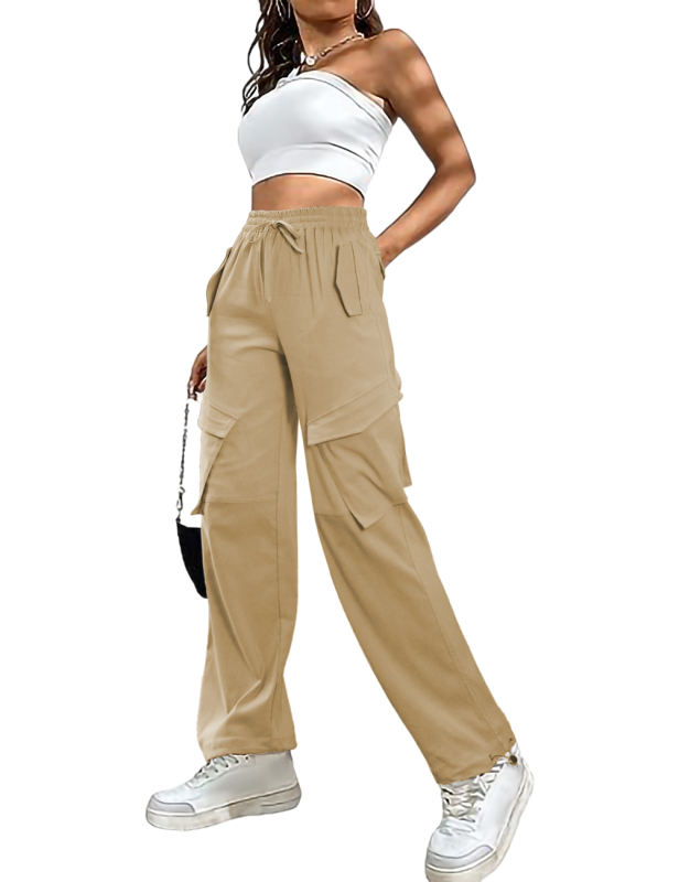 Khaki Multi-pocket Elastic Waist Cargo Pants