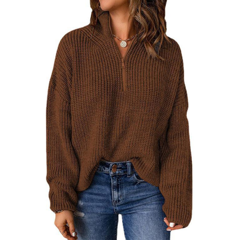 Dark Brown Zipper High Neck Knit Sweater