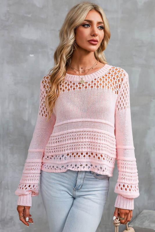 Pink Solid Color Pointelle Knit Puff Sleeve Sweater