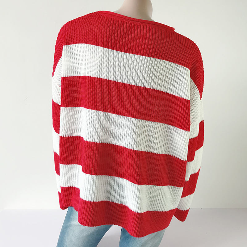 Red Striped Spliced Round Neck Knit Sweater
