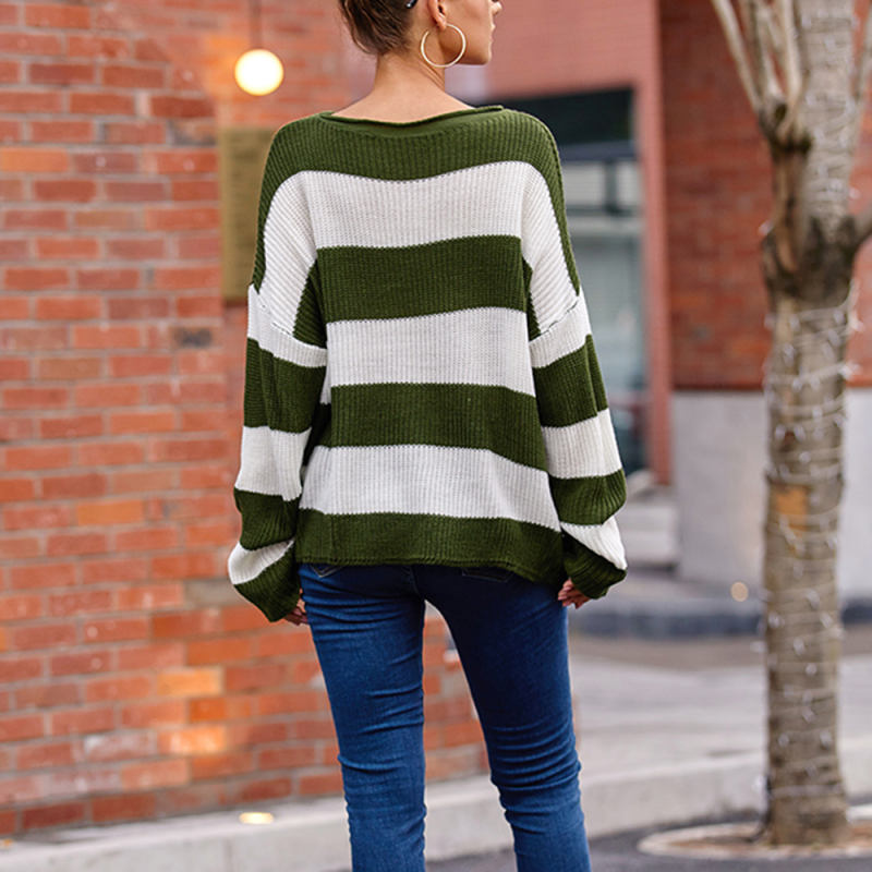 Green Striped Spliced Round Neck Knit Sweater
