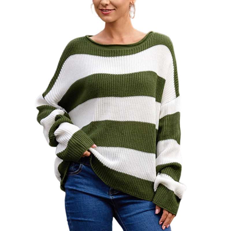Green Striped Spliced Round Neck Knit Sweater