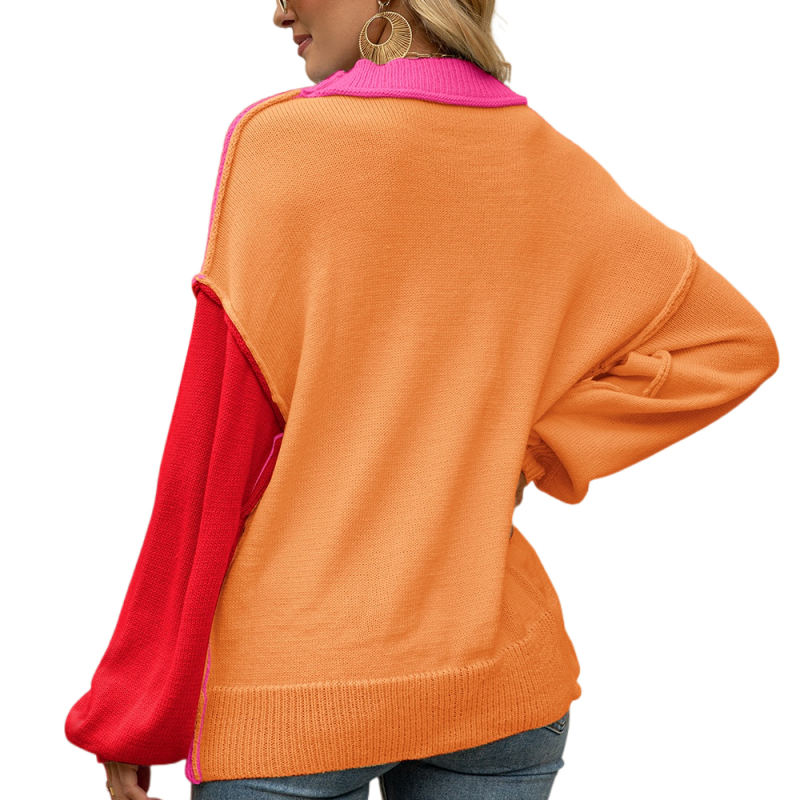 Rose Colorblock Round Neck Knit Sweater