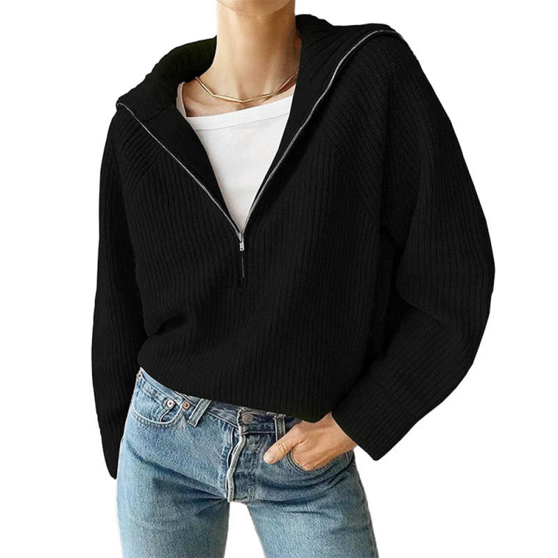 Black Zipper-up Knit Pullover Sweater
