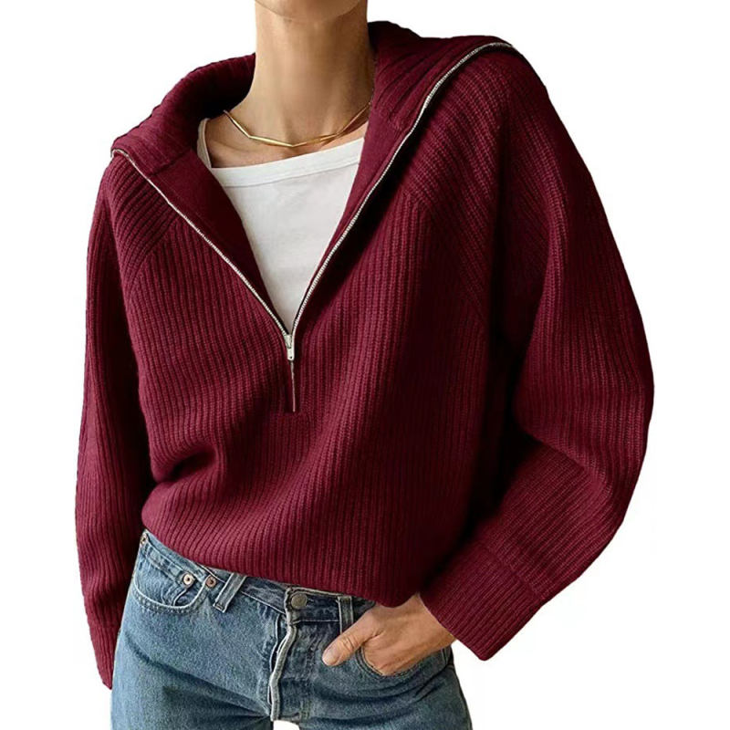 Wine Red Zipper-up Knit Pullover Sweater