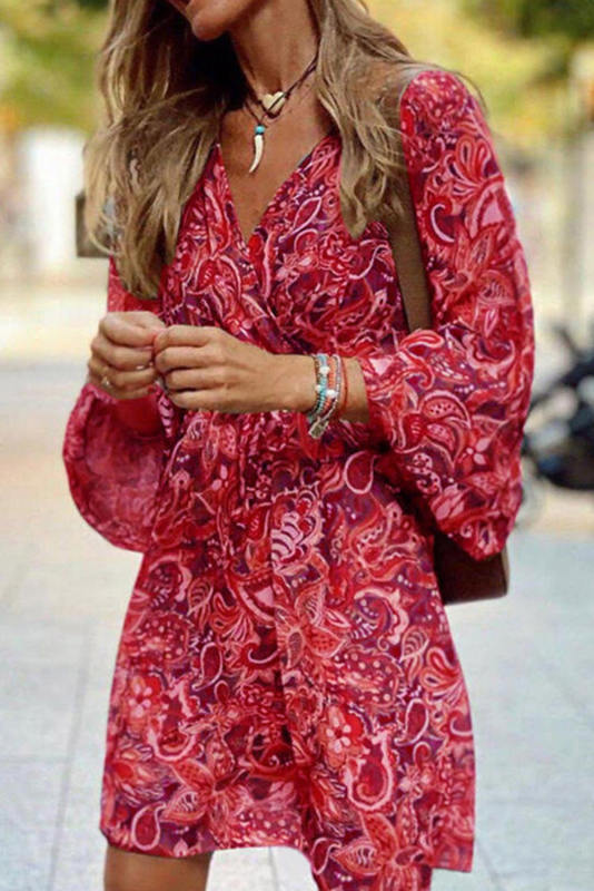 Red Geometric Print Long Sleeve Surplice Flowy Dress