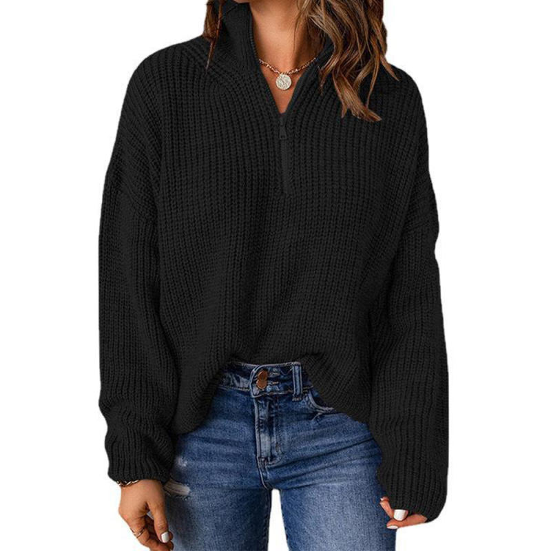 Black Zipper High Neck Knit Sweater