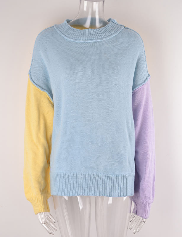 Blue Colorblock Round Neck Knit Sweater