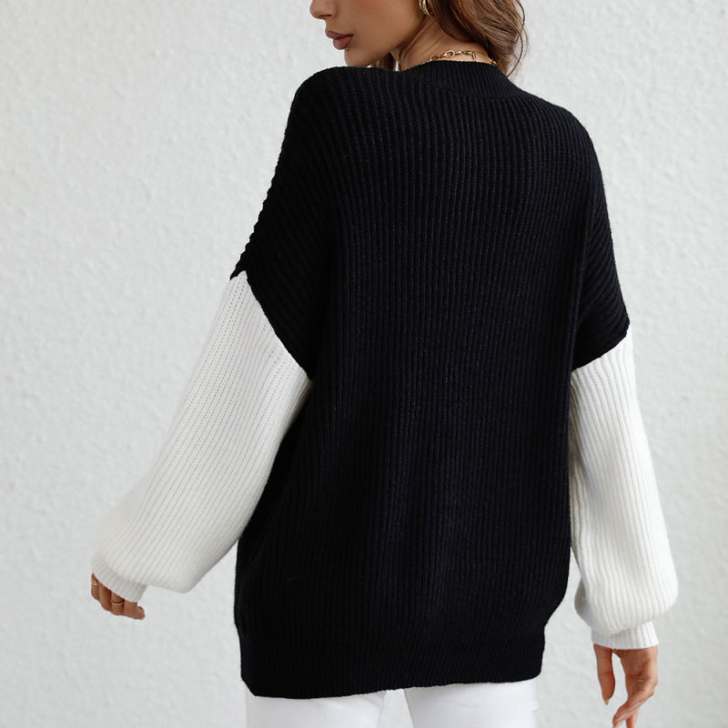 Black Contrast Round Neck Loose Knit Sweater