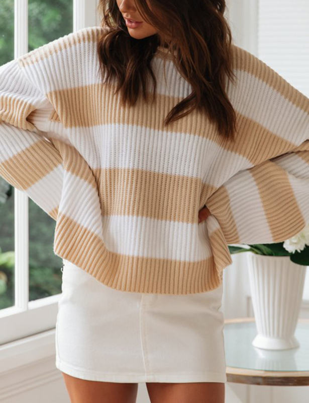 Khaki Striped Spliced Round Neck Knit Sweater