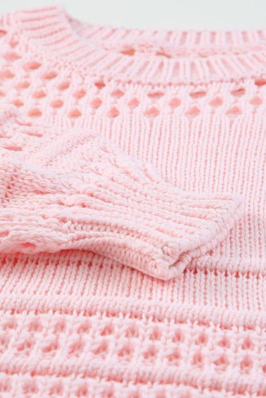 Pink Solid Color Pointelle Knit Puff Sleeve Sweater