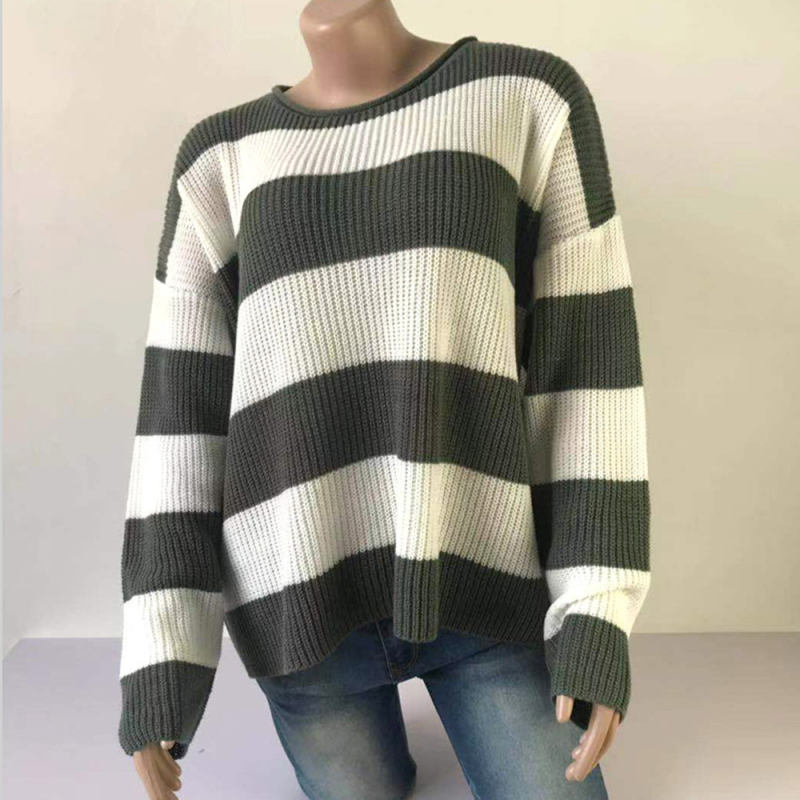 Grey Striped Spliced Round Neck Knit Sweater