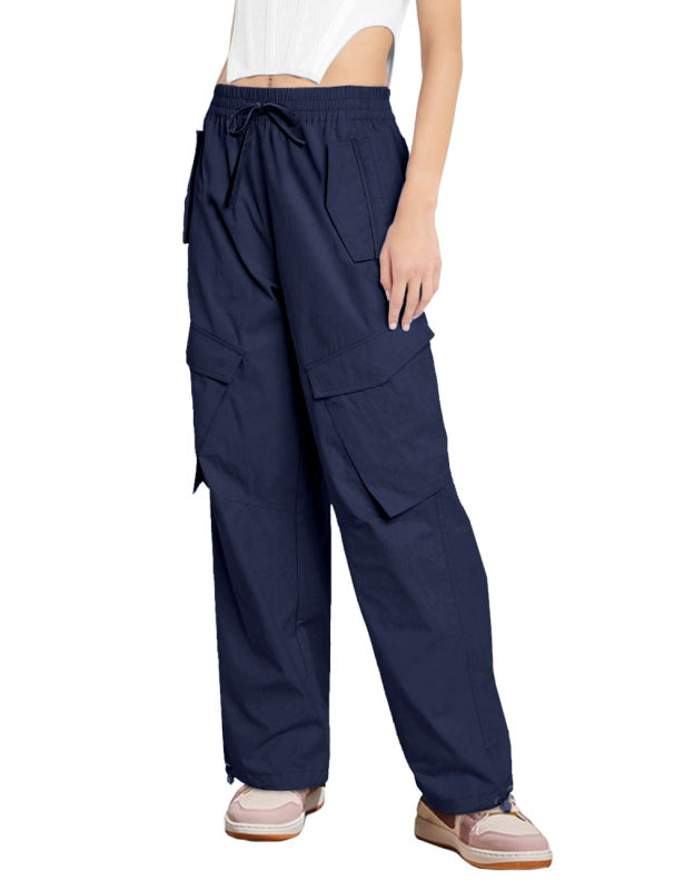 Navy Blue Multi-pocket Elastic Waist Cargo Pants