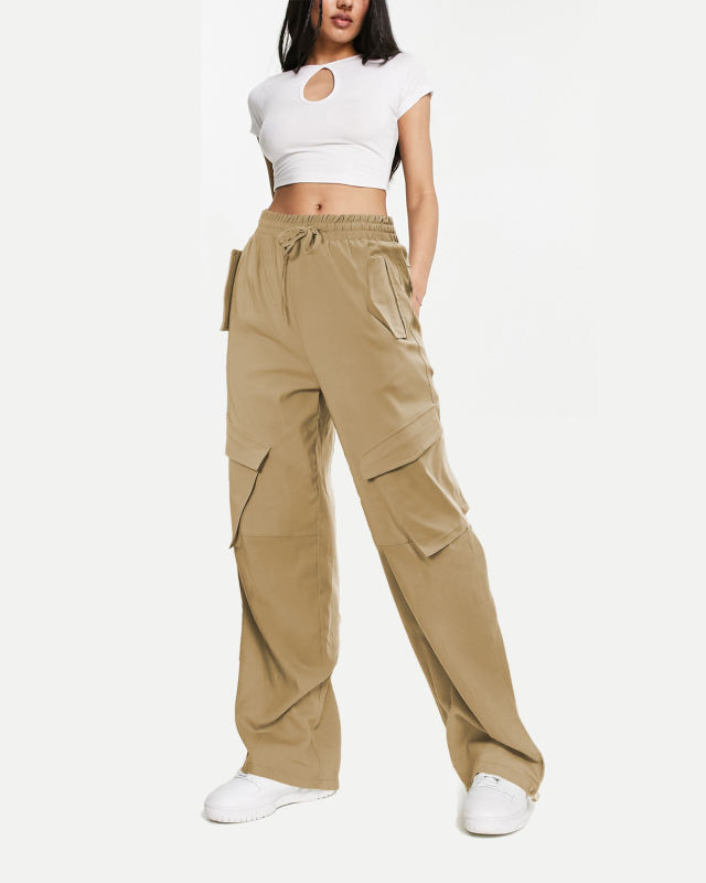 Khaki Multi-pocket Elastic Waist Cargo Pants