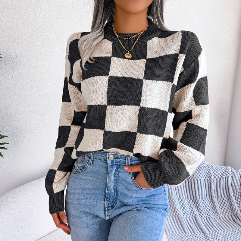 Black Contrast Plaid Long Sleeve Knit Sweater