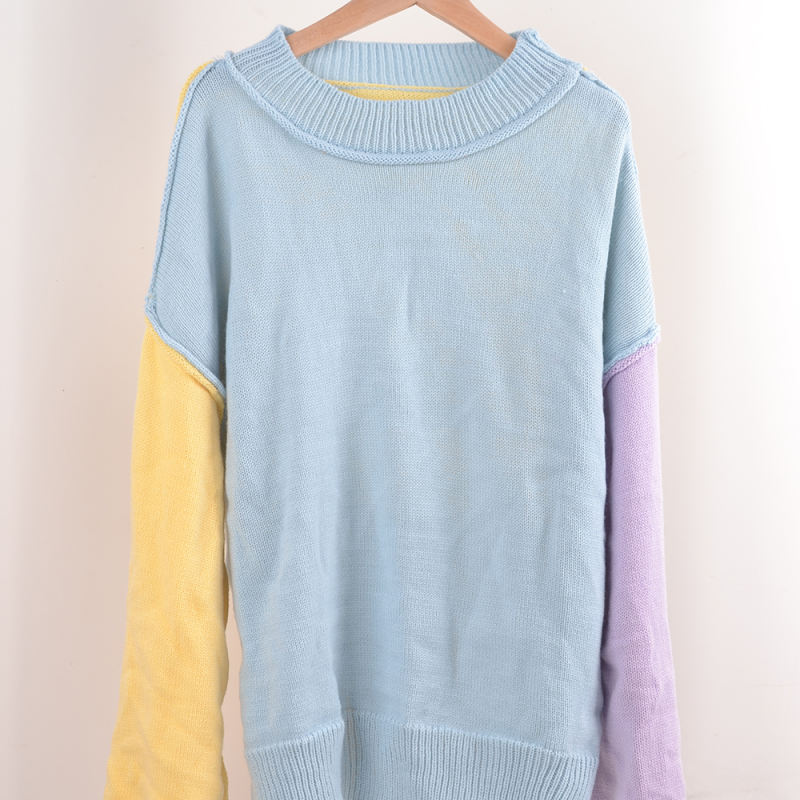 Blue Colorblock Round Neck Knit Sweater