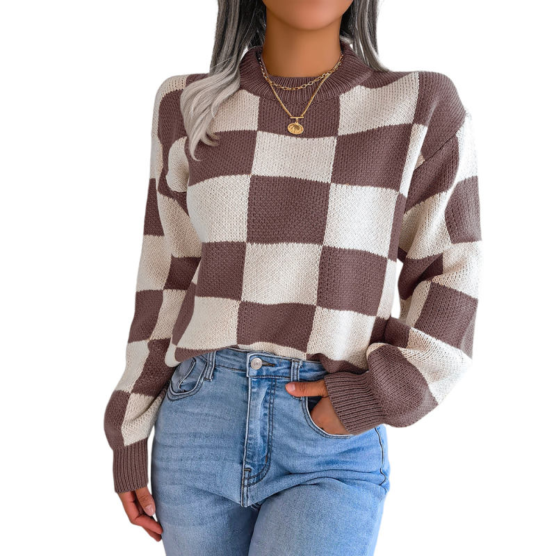 Coffee Contrast Plaid Long Sleeve Knit Sweater