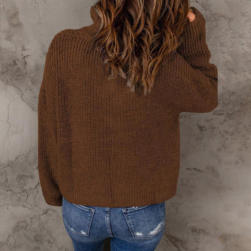 Dark Brown Zipper High Neck Knit Sweater