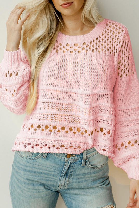 Pink Solid Color Pointelle Knit Puff Sleeve Sweater