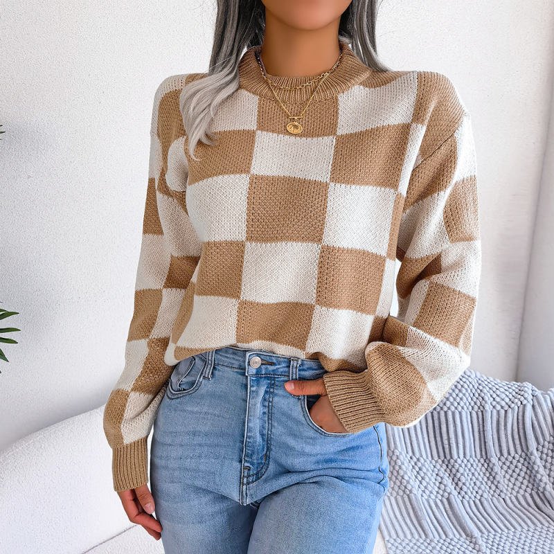 Khaki Contrast Plaid Long Sleeve Knit Sweater