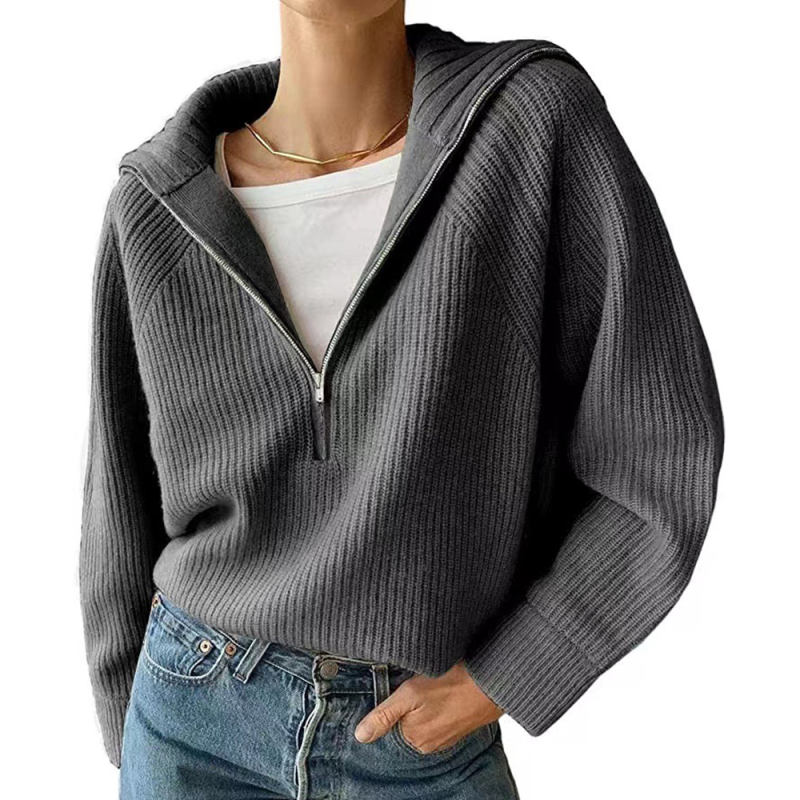 Grey Zipper-up Knit Pullover Sweater