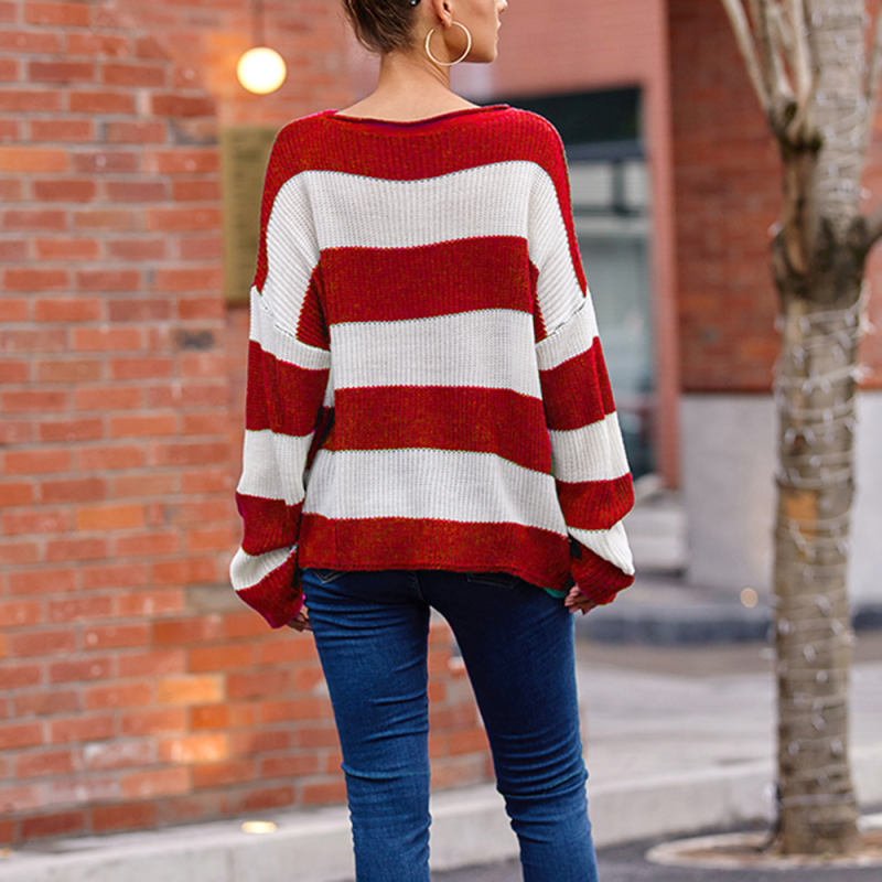 Red Striped Spliced Round Neck Knit Sweater