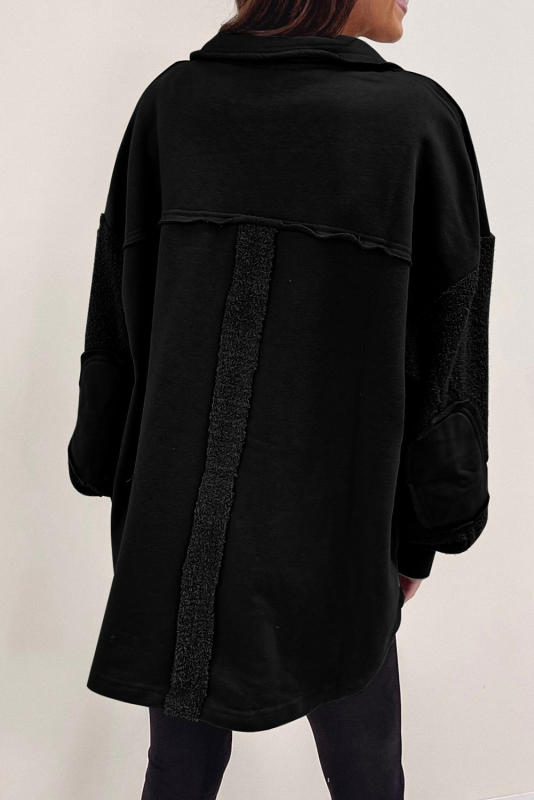 Black Exposed Seam Elbow Patch Oversized Shacket
