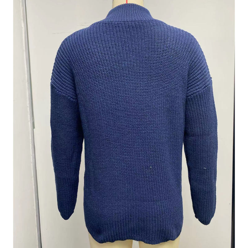 Navy Blue Zipper High Neck Knit Sweater