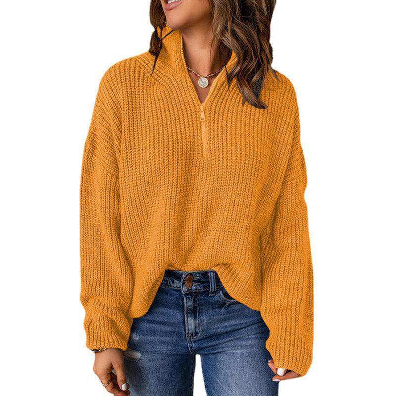 Yellow Zipper High Neck Knit Sweater