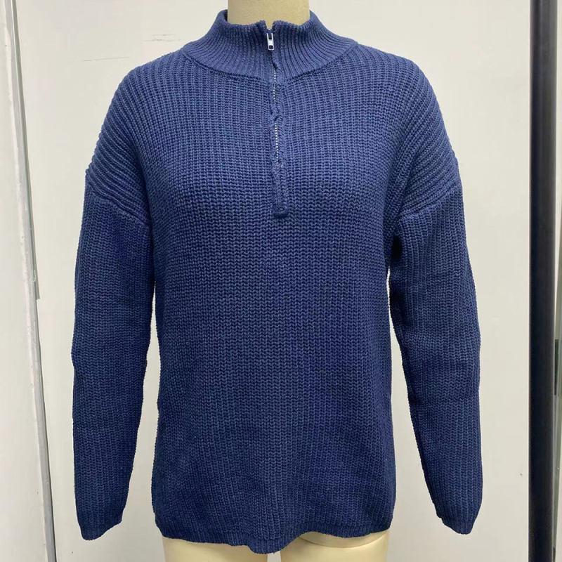 Navy Blue Zipper High Neck Knit Sweater