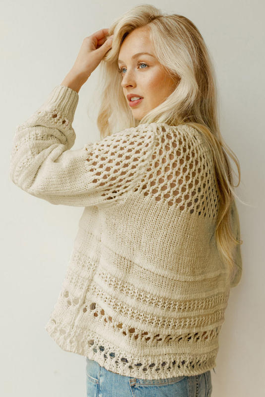 Apricot Solid Color Pointelle Knit Puff Sleeve Sweater