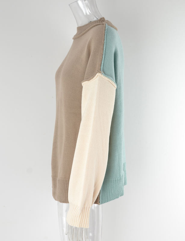 Khaki Colorblock Round Neck Knit Sweater