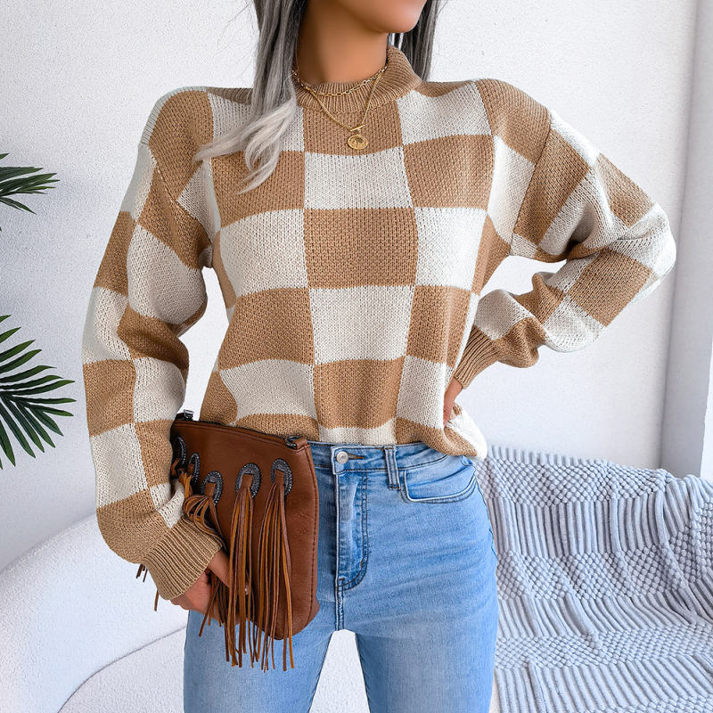 Khaki Contrast Plaid Long Sleeve Knit Sweater