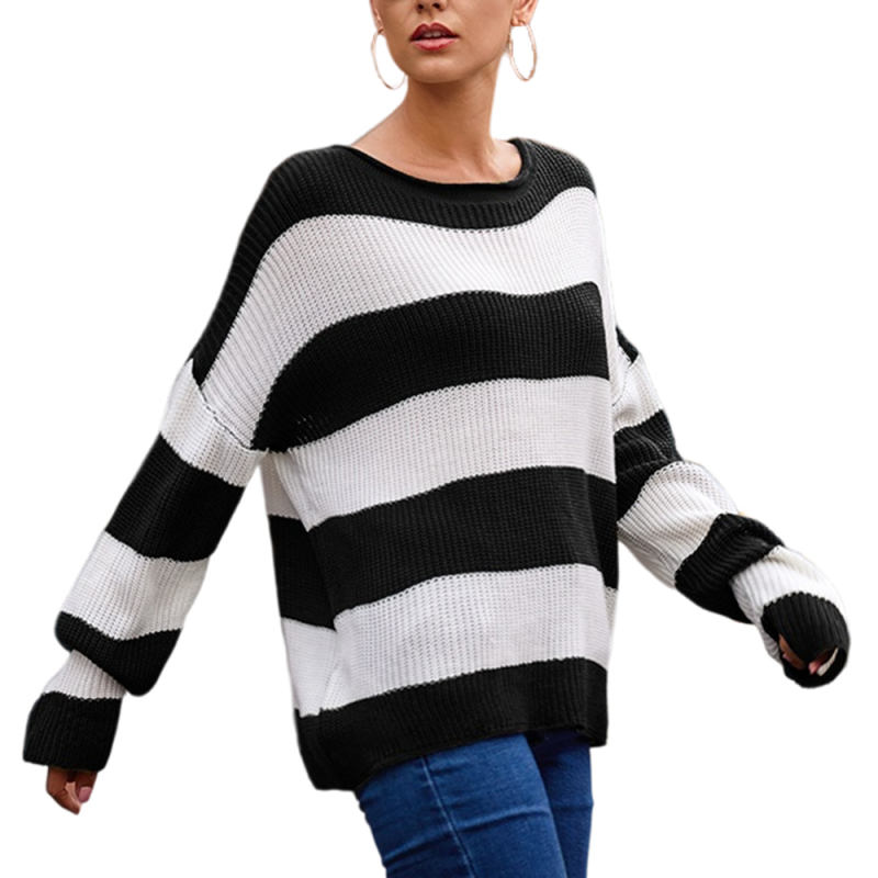 Black Striped Spliced Round Neck Knit Sweater