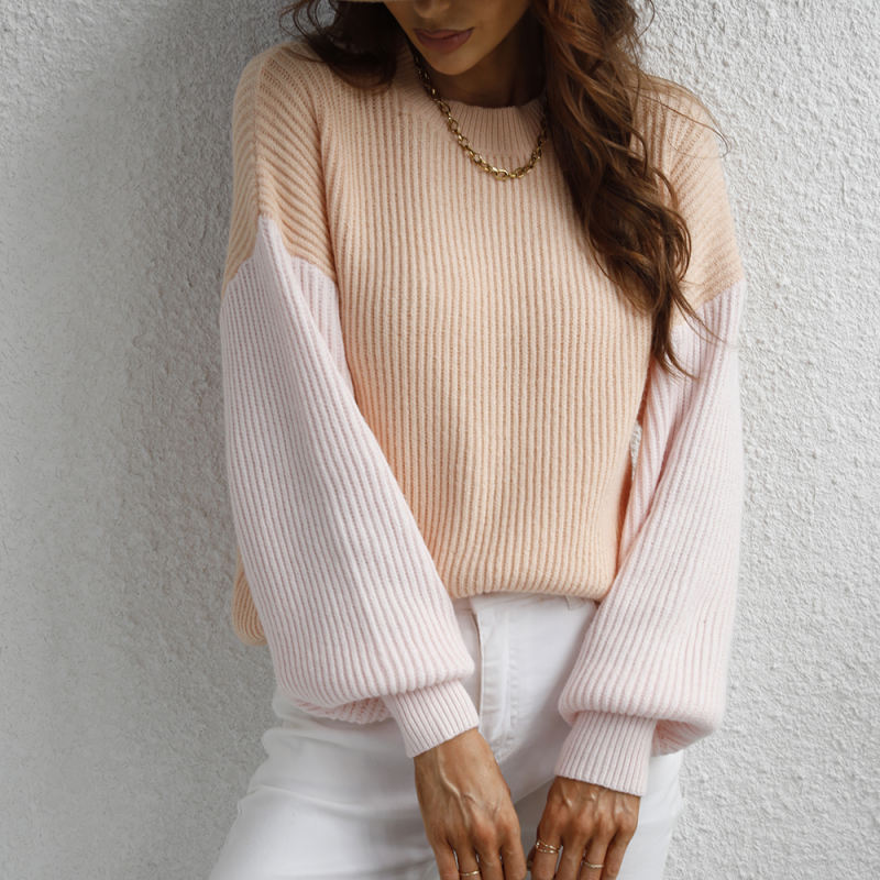 Pink Contrast Round Neck Loose Knit Sweater