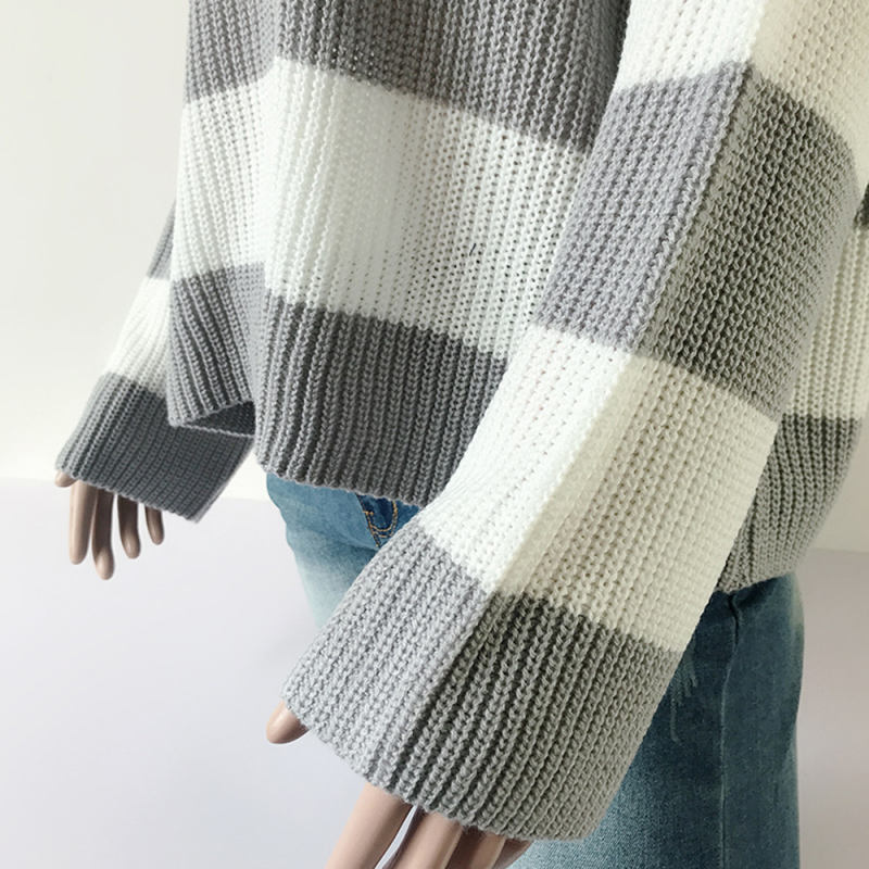 Grey Striped Spliced Round Neck Knit Sweater