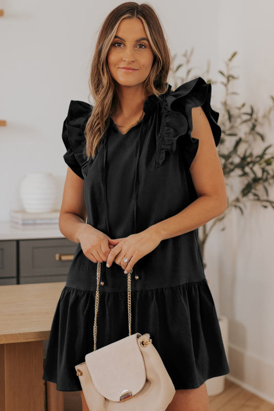 Black Tiered Ruffled Sleeves Mini Dress with Pockets