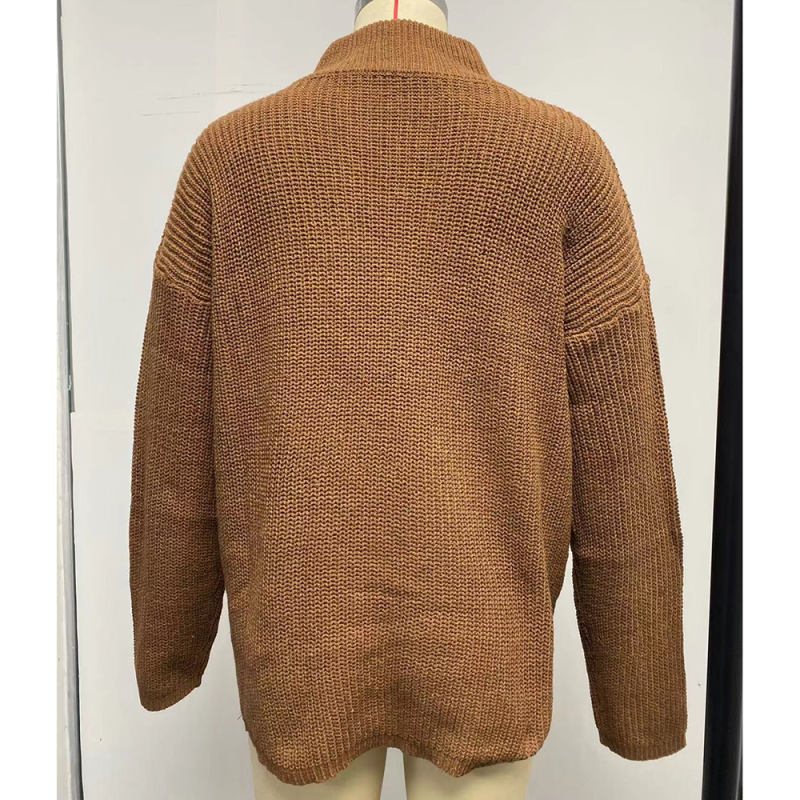 Dark Brown Zipper High Neck Knit Sweater