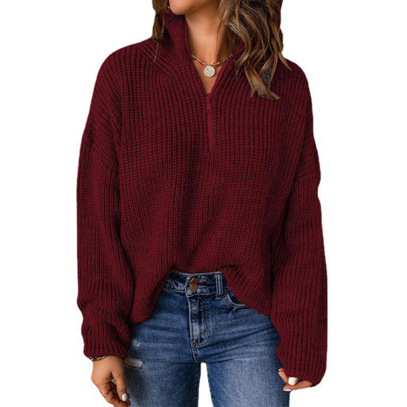Wine Red Zipper High Neck Knit Sweater