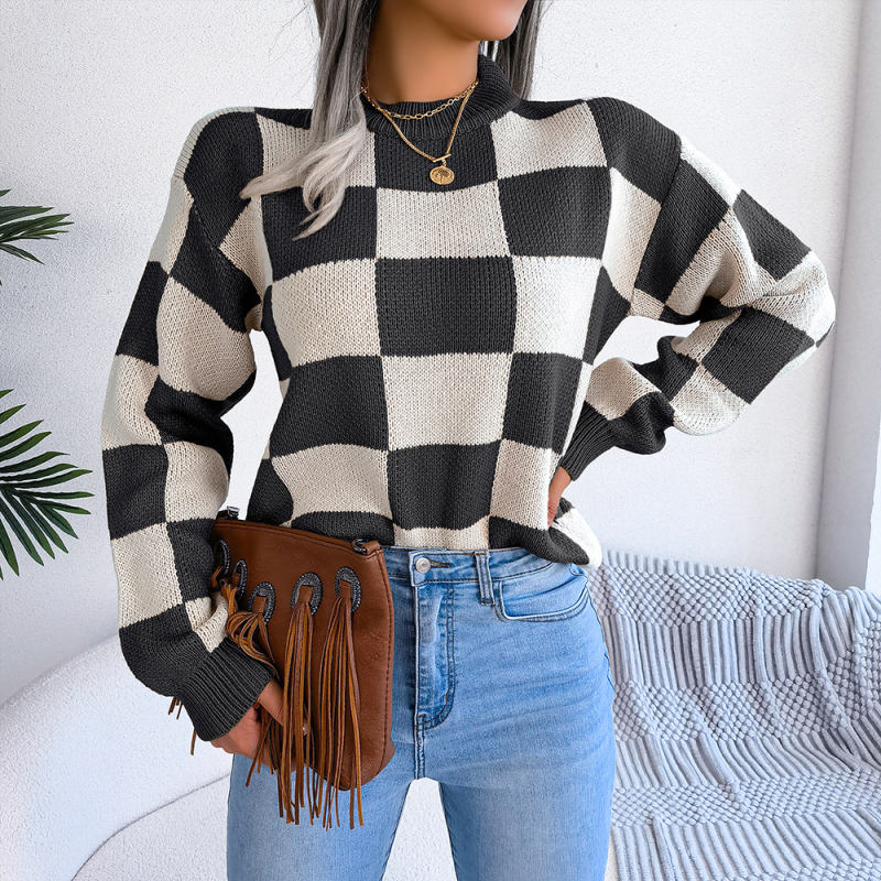 Black Contrast Plaid Long Sleeve Knit Sweater