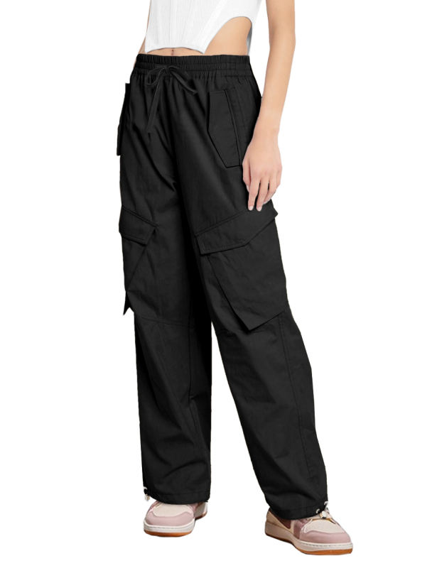 Black Multi-pocket Elastic Waist Cargo Pants