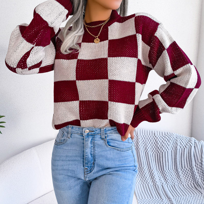 Wine Red Contrast Plaid Long Sleeve Knit Sweater