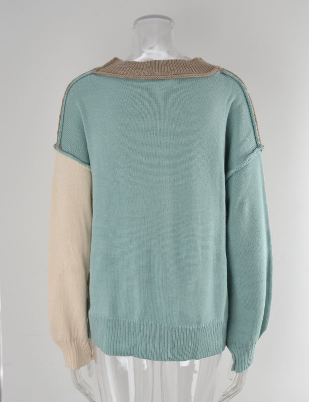 Khaki Colorblock Round Neck Knit Sweater