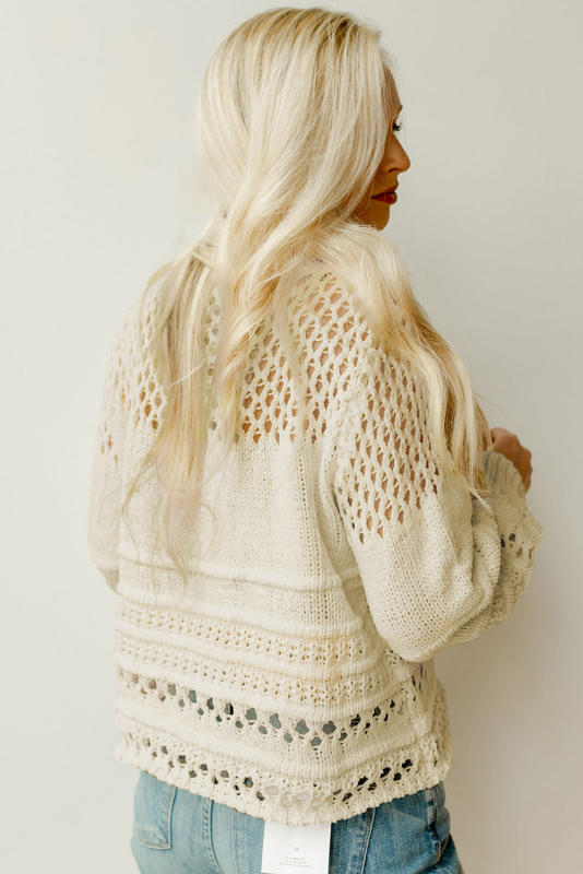 Apricot Solid Color Pointelle Knit Puff Sleeve Sweater