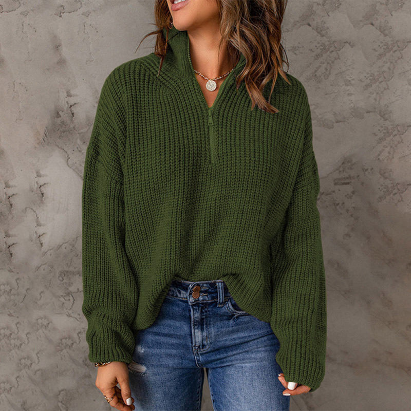 Army Green Zipper High Neck Knit Sweater