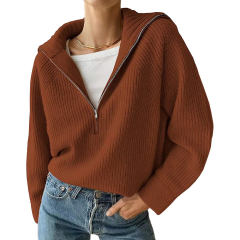 Red Brown Zipper-up Knit Pullover Sweater